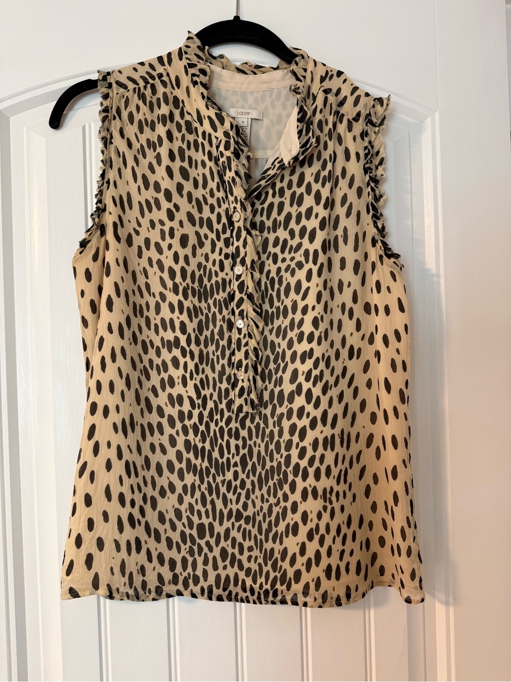 J. Crew Beige and Black Sleeveless Ruffle V-Neck Blouse